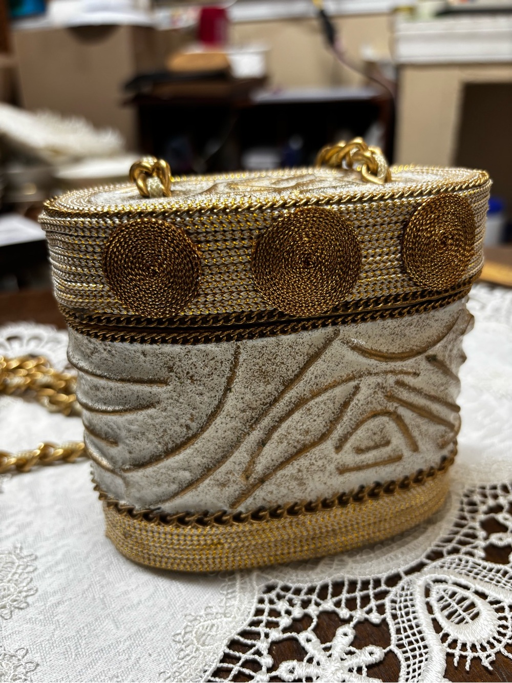 Vintage Mary Frances paper mache box purse Gold and Cream Decorative Chain